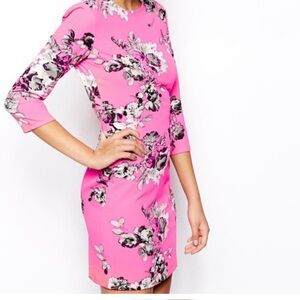 ASOS Pink Rose Mirror Floral Body-Con 3/4 sleeve Dress size 6